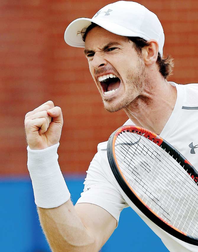 World No 2 Andy Murray celebrates a point against Canada’s Milos Raonic during the Queen’s Club final in London yesterday. Pic/AFP 