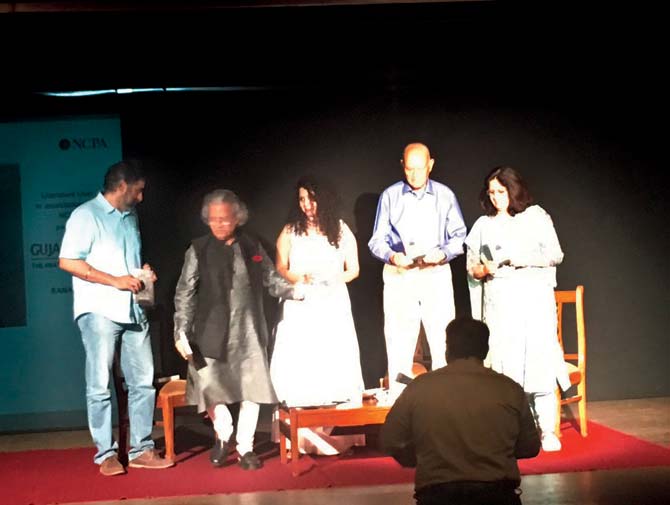 (Left-right) Hartosh Singh Bal, Anil Dharker, Rana Ayyub, Julio Ribeiro and Vrinda Grover at the book launch at NCPA last evening. Pic courtesy/Twitter