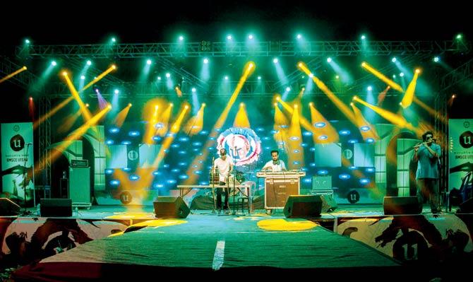 Argenil at a live gig. Rohit Gandhi (left) plays more than five percussion instruments while Anil Prasad manages the console and plays the guitar