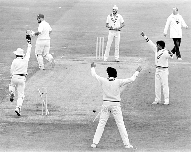 Wicketkeeper Kiran More, slip fielder Ravi Shastri and close-in fielder Chandrakant Pandit appeal as England captain Mike Gatting and bowler Maninder Singh watch last man Graham Dilley (not in picture) getting run out, to give India a series win at Leeds on June 23, 1986. Pic/Graham Morris