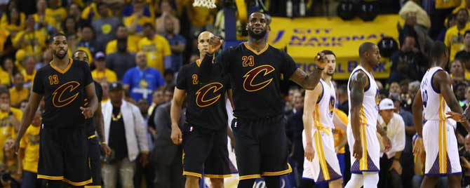 LeBron James #23 of the Cleveland Cavaliers reacts during the second half against the Golden State Warriors in Game 7 of the 2016 NBA Finals at ORACLE Arena on Sunday in Oakland, California.