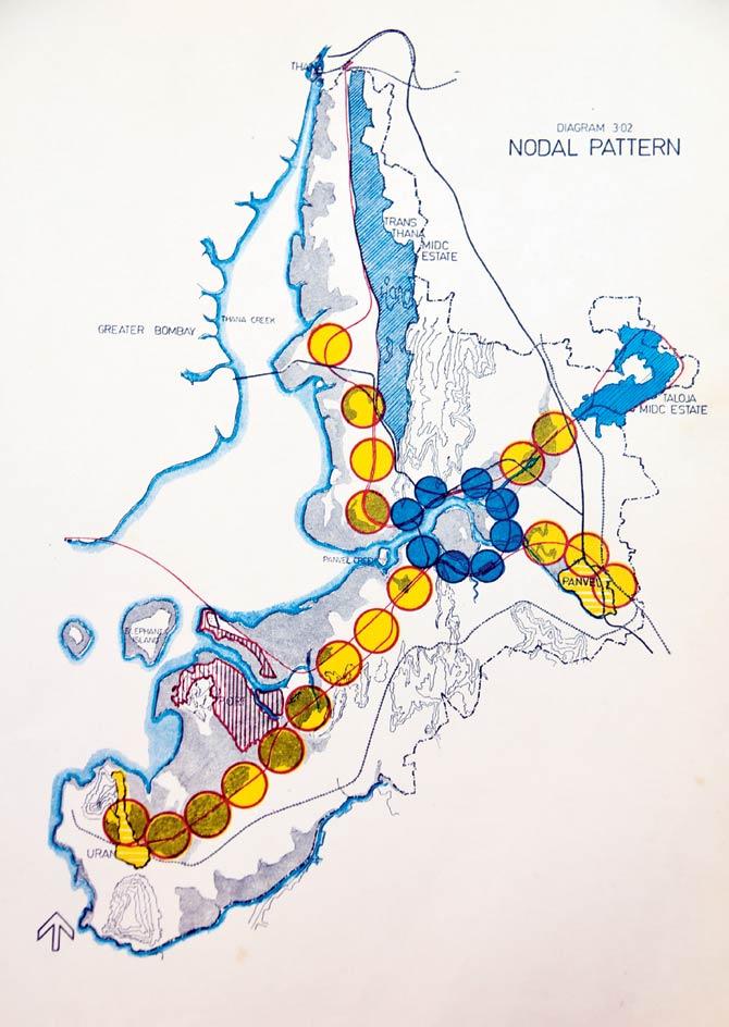 The distribution of nodes in the original plan for Navi Mumbai, as conceived by Charles Correa, Pravina Mehta and Shirish Patel