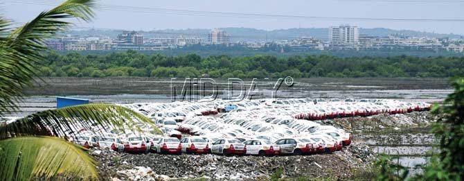A few hundred TabCabs are seen parked on the Mumbai-Ahmedabad highway at Vasai. Pics/Sameer Markande