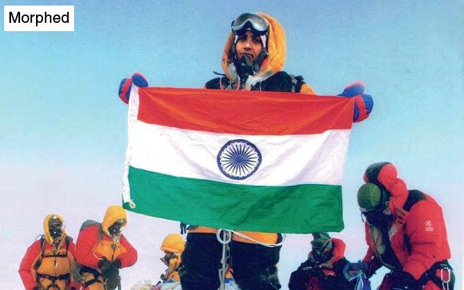 In this photo, allegedly morphed from the original one featuring Siddhanta, Tarakeshwari Rathod holds the Indian flag. The climbers in the background are in the same position as in Siddhanta’s photo