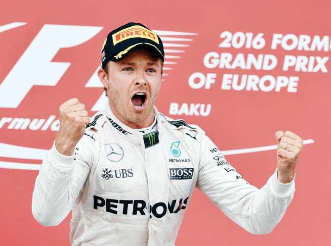 Mercedes driver Nico Rosberg celebrates his European GP win in Baku, Azerbaijan yesterday. Pic/AFP