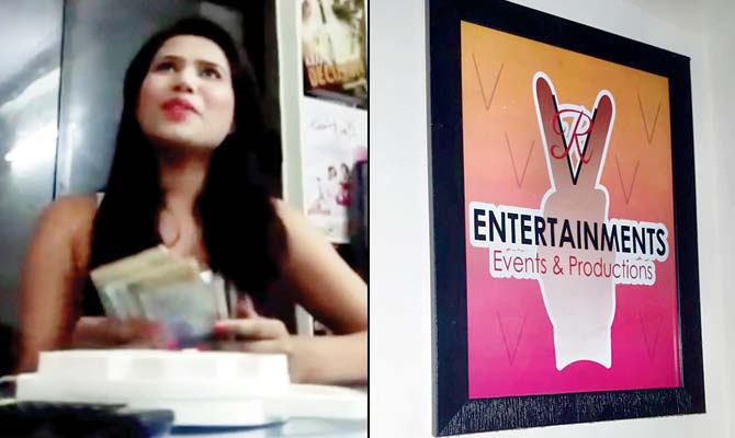 Rekha Vaishnav has been arrested for running a prostitution racket under the guise of the production house. (Right) A poster of VR Entertainment outside the office