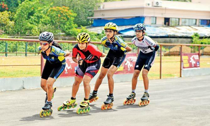 (From top) Children learn skating at Mumbai’s first banked skating and cycling track at Somaiya Vidyavihar’s Sion campus. The track can also be used for cycling. Pics/Datta Kumbhar