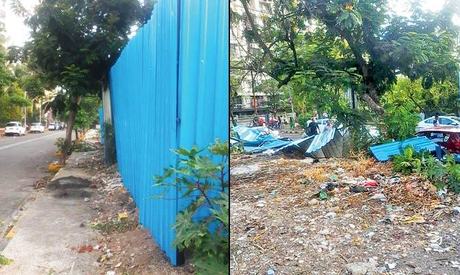 On June 15, some workers began fencing one of the plots with steel sheets (right) the next day, civic authorities razed them