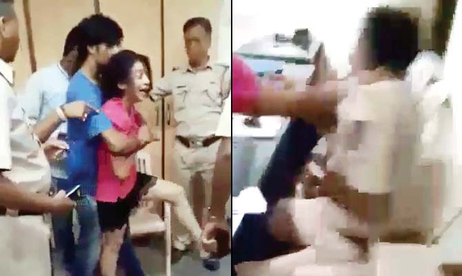 The video shows 21-year-old Gauri Bhide slapping, kicking and abusing the cops even as her three friends try and fail to hold her back