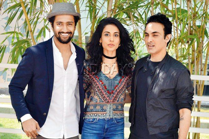 From left: Vicky Kaushal, Sarah Jane Dias and Mozez Singh at mid-day office. pic/Datta Kumbhar
