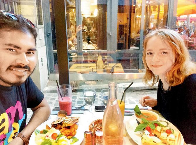 Mulchand Dedhia with his host Zsuzsa Bakonyi at a restaurant in Budapest