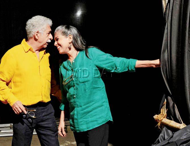 Naseeruddin Shah and Ratna Pathak Shah share a moment backstage during rehearsals for Beastly Tales, which will be staged at Prithvi@Turf, the all-week stage gala event at Mahalaxmi Race Course. Pic/Satej Shinde 