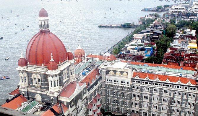 An aerial view of the iconic Taj Mahal Hotel built by Sir Jamsetji Tata that overlooks the Arabian Sea. Pic/Sayed Sameer Abedi