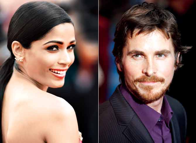 Freida Pinto and (inset) Christian Bale. Pics/Getty Images