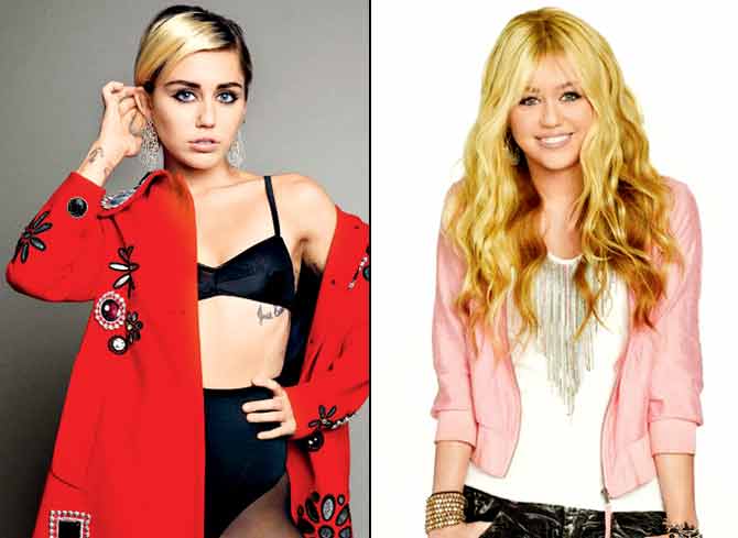 Miley Cyrus and (right) her appearance in Hannah Montana