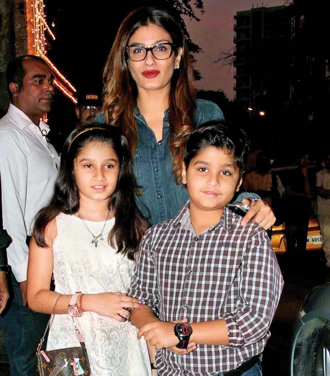 Raveena Tandon with her children, Rasha and Ranbirvardhan, aged 11 and 8 respectively,