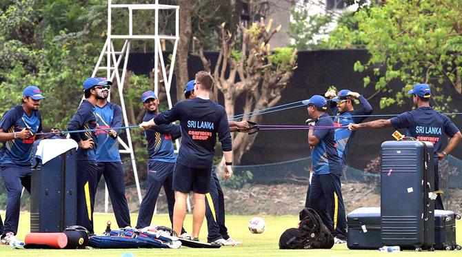 Sri Lanka cricketers at a practice session in Kolkata on Saturday. Pic/PTI