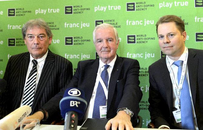 David Howman, from New Zealand, Director General of the WADA, British Craig Reedie, President of the World Anti-Doping Agency, WADA, and Swiss Olivier Niggli, designated Director General of the World Anti-Doping Agency, WADA, from left, speak during a press conference during the WADA Symposium for Anti-Doping Organizations ADOs, in Lausanne. Pic/AFP