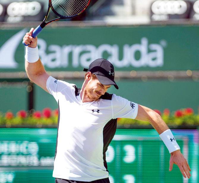Andy Murray reacts during his match against Federico Delbonis in Indian Wells on Monday. Pic/AFP