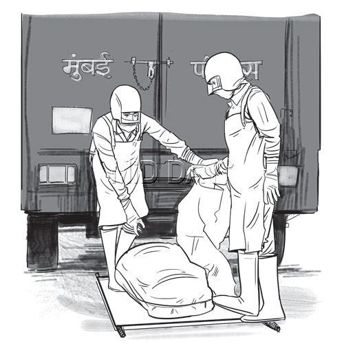 The world over, guidelines for disposing of bodies include providing protective gear (boots, disposable aprons, face masks, gloves) to helpers and placing the body in zipped bags. All Kaniya Solanki and Rizwan have are a pair each of torn gloves. Illustrations/Uday Mohite