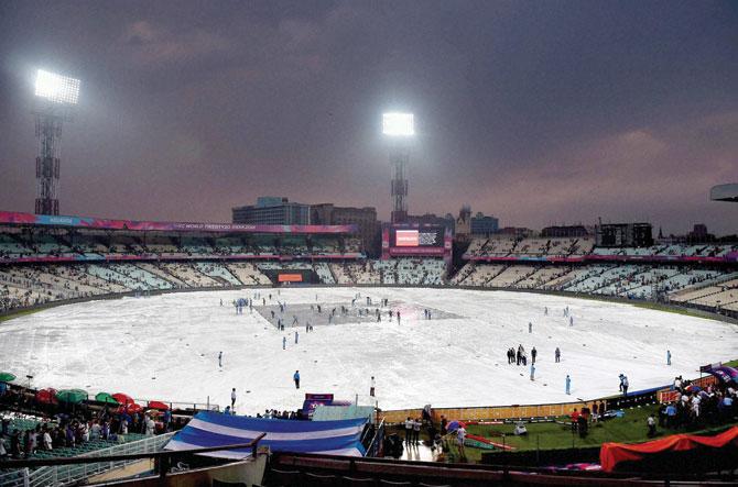A covered outfield of Eden Gardens on Saturday. Pic/PTI