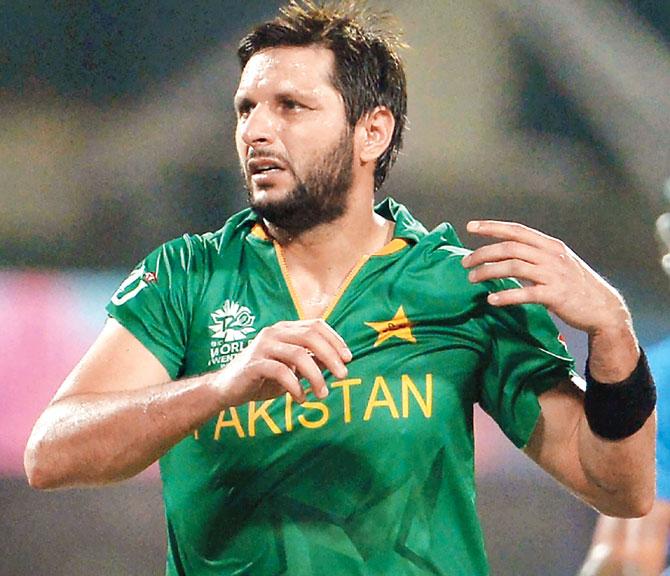 Pakistan skipper Shahid Afridi during the WT20 tie against India on Saturday. Pic/AFP