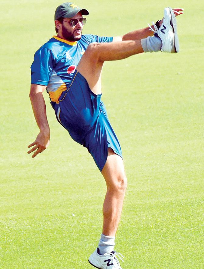 Pakistan skipper Shahid Afridi during a practice session at PCA Stadium in Mohali yesterday. Pic/PTI