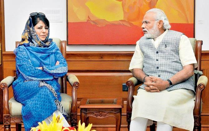 After meeting the Prime Minister yesterday, Mehbooba Mufti will be flying to Srinagar today to brief her party legislators on Thursday. Pic/PTI