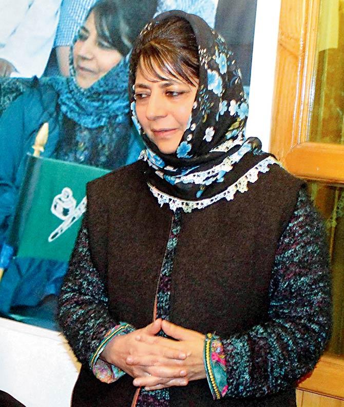 PDP President Mehbooba Mufti addressing the legislature party meeting in which she was elected chief ministerial candidate and Legislature party leader. Pic/PTI