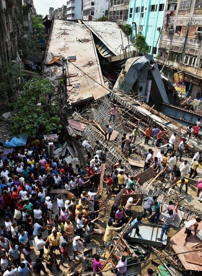 Rescue work in progress as an under-construction flyover collapsed on Vivekananda Road in Kolkata on Thursday
