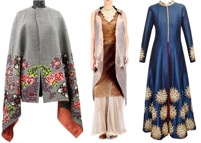 (From left) Capes by Hemant & Nandita are their bestsellers; A Kiran Uttam Ghosh outfit; Sonam and Paras Modi’s ethnic floor length jackets are preferred in larger sizes 