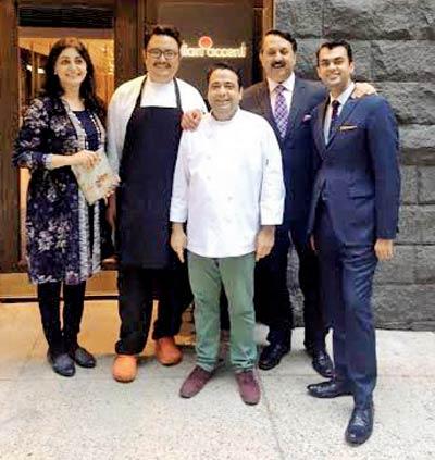 Chef Manish Mehrotra, Rohit Khattar and Akshay Tripathi with friends at Indian Accent, NYC