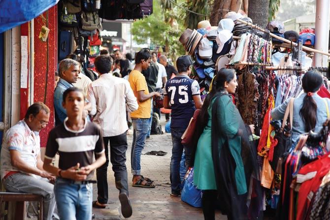 The crowded Colaba Causeway is considered one of the city’s premier shopping districts. File pic
