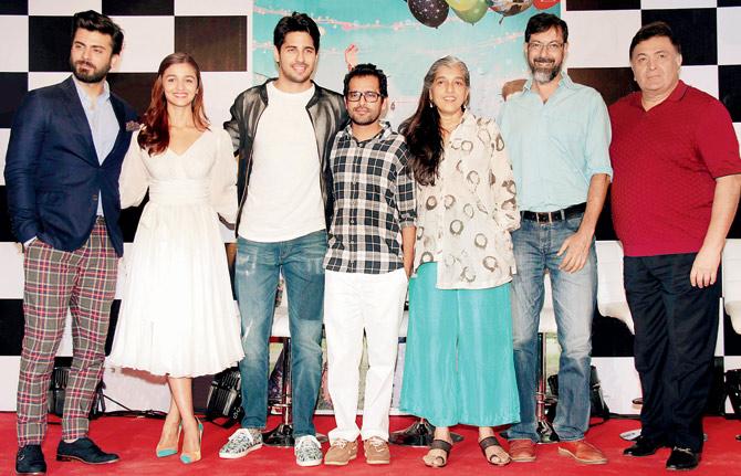The entire cast of a recently released family drama was seen at a press conference to announce its success. (L-R) Fawad Khan, Alia Bhatt, Sidharth Malhotra, Shakun Batra, Ratna Pathak Shah, Rajat Kapoor and Rishi Kapoor. pics/yogen shah