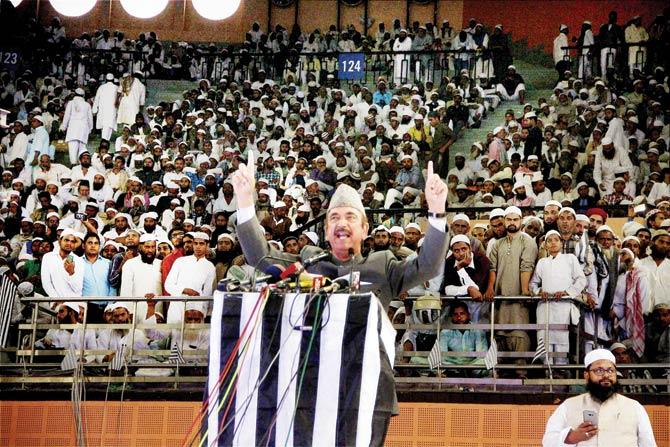 Congress leader Ghulam Nabi Azad speaks at the National Integration Conference in New Delhi on Saturday. Pic/PTI