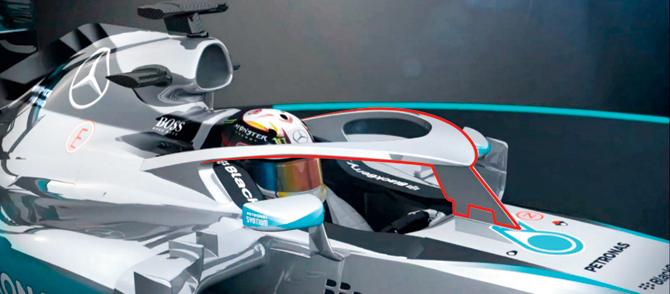 The Halo (outlined in red) designed by Mercedes for world champion Lewis Hamilton, who is keen on its implementation for safety of drivers