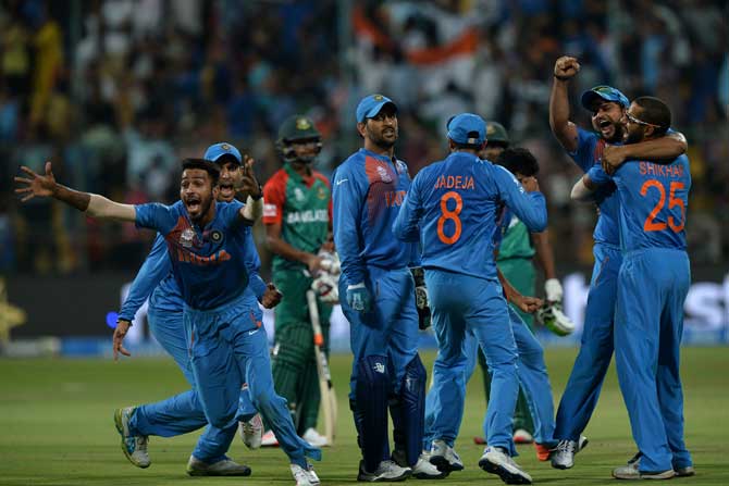Men in Blue celebrate their one-run win over Bangladesh