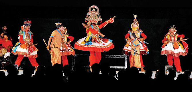 Artistes play Kauravas in a Kattaikkuttu performance