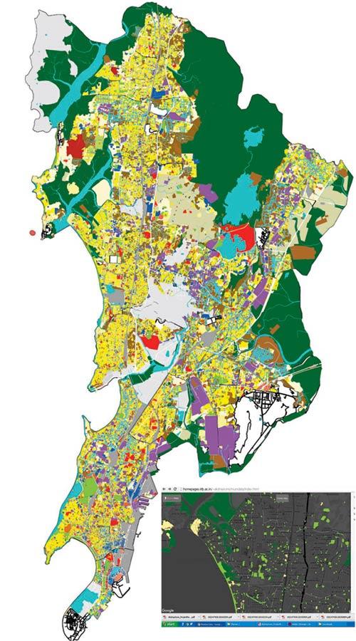 The MCGM’s multi-layered map of the existing land use plan, and a screenshot of Mumbai Data Map, showing urban villages (yellow), green spaces (light green) and forests (dark green)