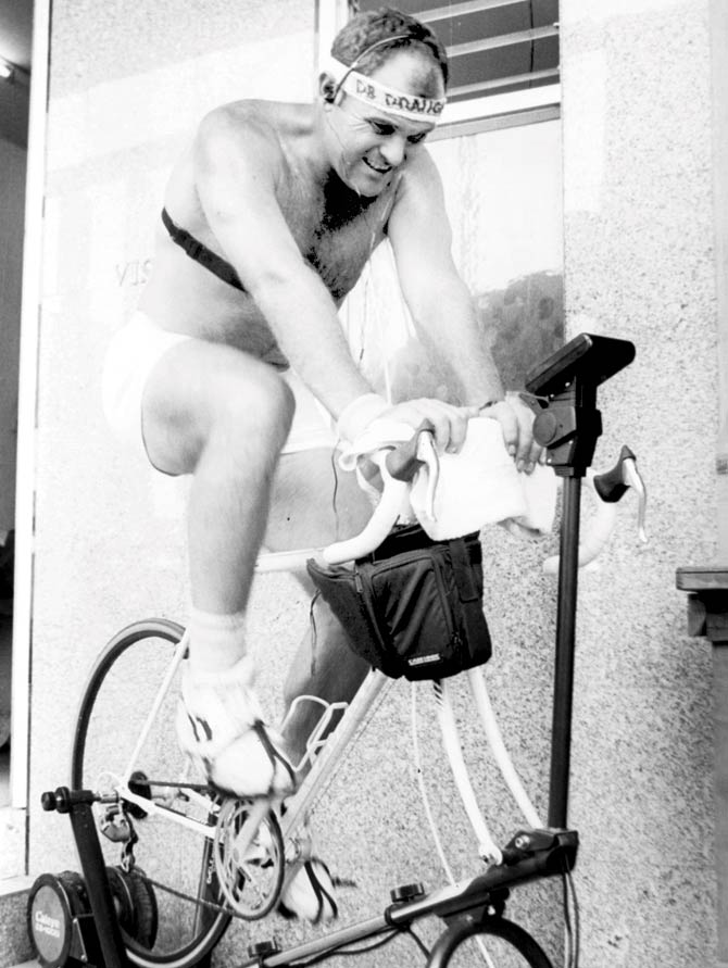 Martin Crowe on his exercycle outside the Wankhede Stadium dressing room during New Zealand’s 1995-96 tour of India. Pic/mid-day archives