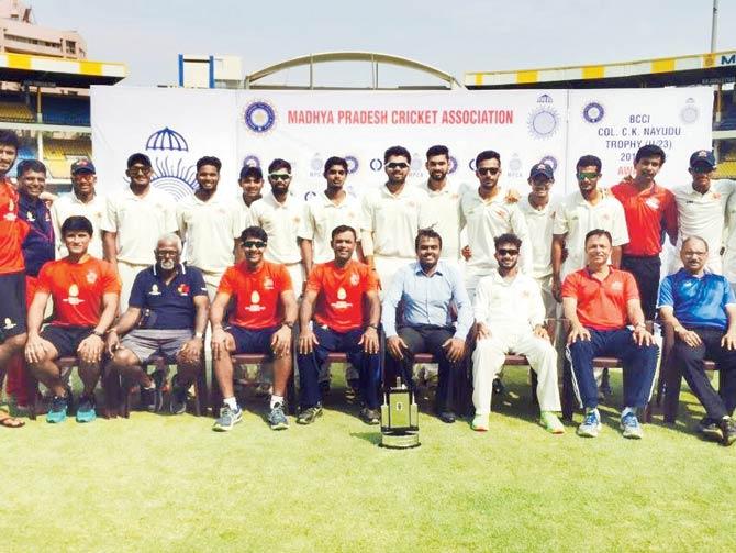 Mumbai under-23 cricket team which won the CK Nayudu Trophy in Indore yesterday
