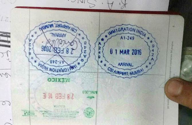 Kishore Shimpi’s passport shows how the immigration officer wrongly stamped his passport with February 28 as the date of entry instead of March 1