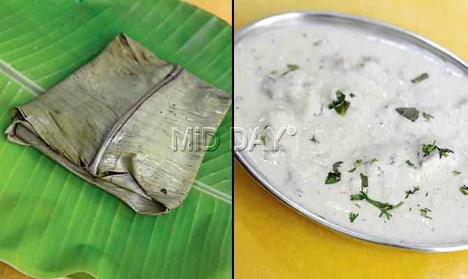Patra ni Machchi (pomfret steamed and served inside colocasia leaves) and Kid Gosht by Jimmy Boy. Pics/Bipin Kokate