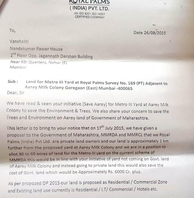 The letter sent by the developer to NGO Vanashakti suggesting the land for the car depot of Metro Line 3