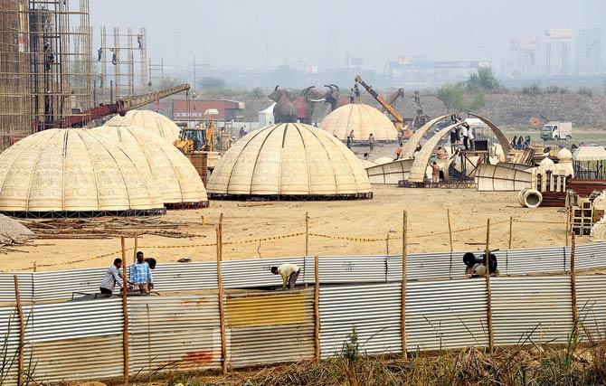 Structures being built on Yamuna floodplains for the World Culture Festival, three-day festival organised by Sri Sri Ravi Shankar’s Art of Living. File pic/AFP