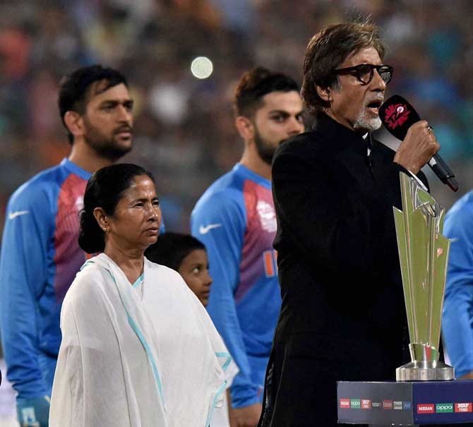 Bollywood megastar Amitabh Bachchan singing national anthem before the start of India vs Pakistan World T20 match at Eden Garden in Kolkata on Saturday.