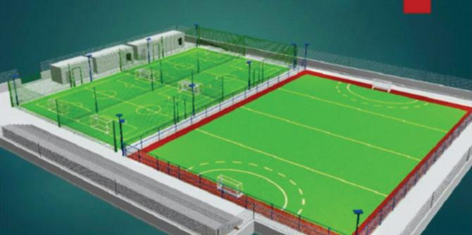 The blueprint of the St Andrew’s artificial turf project. On the left are the four five-a-side football turfs, while the hockey turf is on the right