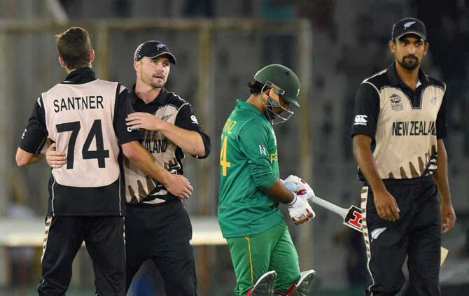 New Zealand players celebrate win over Pakistan in the ICC World T20 match in Mohali on Tuesday.