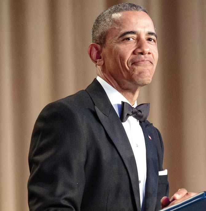 Obama out! Barack Obama at the White House Correspondents’ Dinner yesterday. Pic/AFP