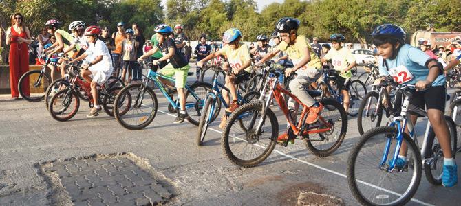 Children participate in a cycle race organised by Young Cycling Buddies in Bandra. PIC/ SURESH KARKERA 